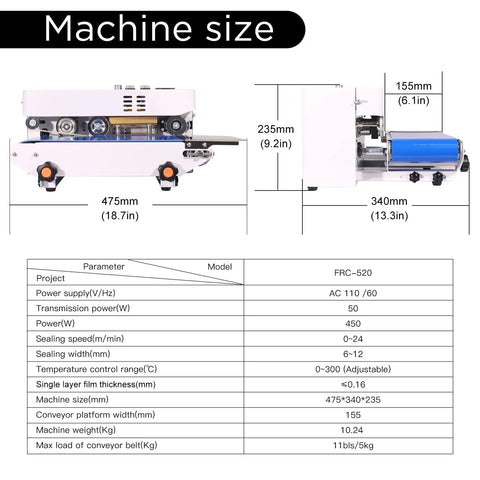Dimensions and specs of Commercial Heat Sealer For Bags And Films With Digital Temperature Control And Adjustable Speed Continuous Band Sealer Machine Desktop Bag Sealer For Plastic Bags Fast High Speed 16 Meters Per Minute 110V 60Hz.