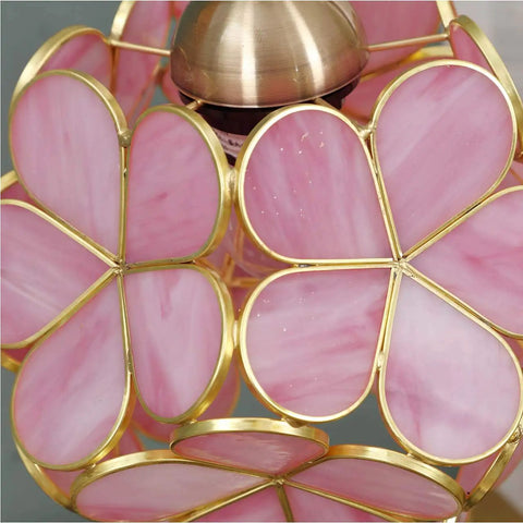 Chic Vibe Stained Glass Tiffany Style Flower Petal Table Lamp close-up showing pink petals and brass fittings, home decor