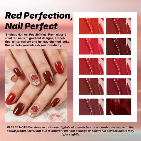 12ml Gel Nail Polish Set With 100 Plus Colors HEMA Free Soak Off UV Gel Kit featuring red shades and nail art swatches