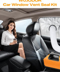 Portable Car Window Air Conditioner Kit With Magnetic Seal And Rainproof Drawstring in sedan with woman inside