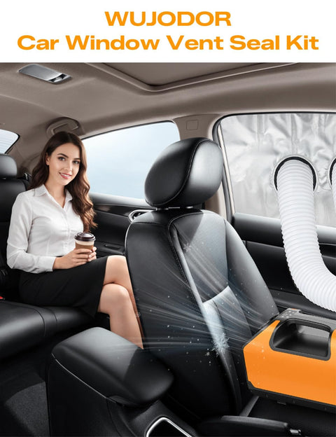 Portable Car Window Air Conditioner Kit With Magnetic Seal And Rainproof Drawstring in sedan with woman inside