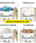 Wood Laundry Pods Container With Lid For Handy Laundry Room Decor And Storage Pods Holder For Detergent Pods Dryer Sheets Fabric Softener Lint And More Farmhouse Style Organization, showing multi storage uses for detergent pods, dryer balls, detergent powder, and clothespin.