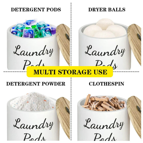 Wood Laundry Pods Container With Lid For Handy Laundry Room Decor And Storage Pods Holder For Detergent Pods Dryer Sheets Fabric Softener Lint And More Farmhouse Style Organization, showing multi storage uses for detergent pods, dryer balls, detergent powder, and clothespin.
