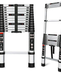Aluminum Telescoping Extension Ladder 12.5 ft with Locking Mechanism, Heavy Duty Collapsible Ladder for Home Use, folded and extended view.