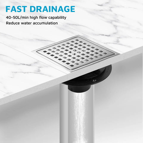 Six Inch Square Shower Drain In Brushed Nickel Featuring A Leak Proof Flange And Removable Grate Rock Solid Construction Dead Simple Flush Floor Installation That Slays Modern Bathrooms with high flow drainage capability.