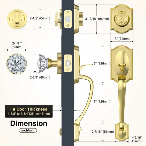 Vintage Gold Front Door Lock Set With Crystal Glass Knob Sleek Dope Reversible Handle And Deadbolt Brushed Gold Exterior Entry Door Hardware With Zinc Alloy Construction For Right Or Left Swing dimensions