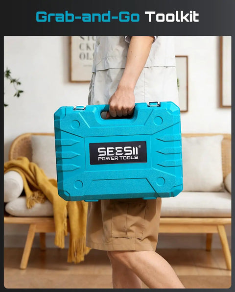 Person holding blue case for 21V Cordless Drill Tool Kit With 190 Piece Power Tool Set Pro Grade Includes Hammer Pliers Wrenches And Toolbox