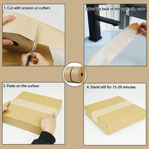 Instructions for using No Fuss 2 Pack Reinforced Water Activated Gummed Kraft Paper Tape 2.75 X 380 Ft Per Roll for sealing boxes.