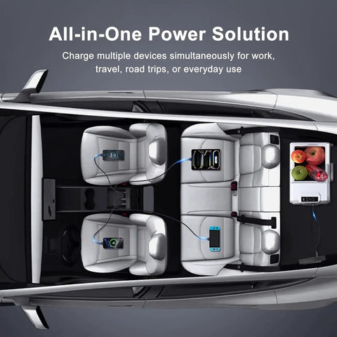 Interior view of a vehicle with the Portable 200W Car Power Inverter Dc 12 Volt To 110 Volt Ac Converter powering devices.