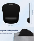 Ergonomic Memory Foam Wrist Rest Mouse Pad For All Day Comfort And Pain Relief During Gaming And Office Tasks Waterproof Surface With Non Slip Base Portable And Travel Friendly For Computer Laptop Home And Travel, shown with dimensions and travel bag.