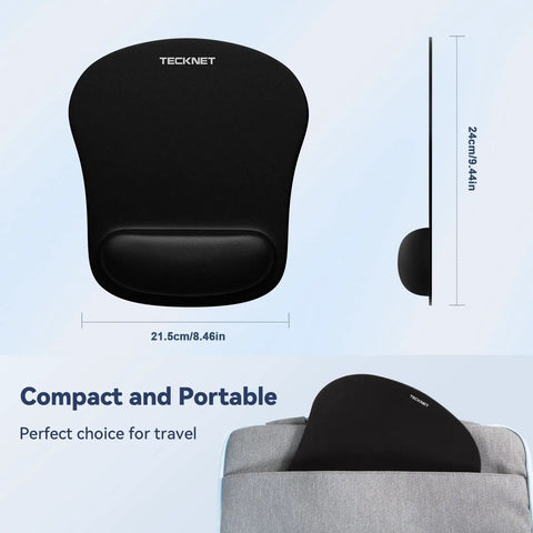 Ergonomic Memory Foam Wrist Rest Mouse Pad For All Day Comfort And Pain Relief During Gaming And Office Tasks Waterproof Surface With Non Slip Base Portable And Travel Friendly For Computer Laptop Home And Travel, shown with dimensions and travel bag.