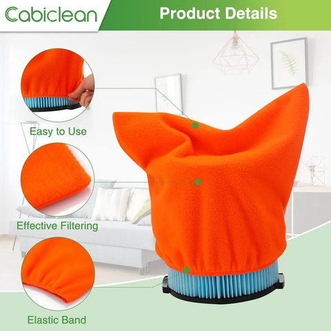 Reusable Vacuum Filter Cover For Wet Dry Vacuums, 4 Pack, Elastic Pre Filter Shield shown on vacuum filter, orange polyester