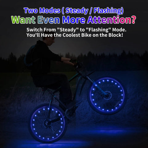 Cyclist using Blue LED Bike Wheel Lights for Two Tires with Two Modes, illuminating wheels in the dark for a safe night ride.