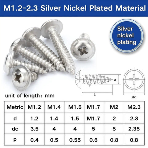 No Nonsense 1200 Pcs Silver Carbon Steel Self Tapping Screw Pack M1.2 To M2.3 Assorted Kit with silver nickel plated screws.