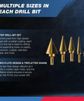 Beefy Five Piece Step Drill Bit Set For Metal With Fifty SAE Sizes Unibit Two Flute Design Displayed with Tri-flatted Shank