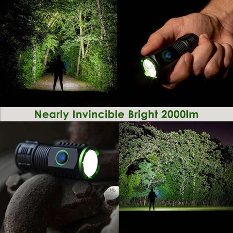 Beefy 2000 Lumens Type C Rechargeable Compact LED Flashlight for EDC shown lighting up a dark forest path held in a hand.