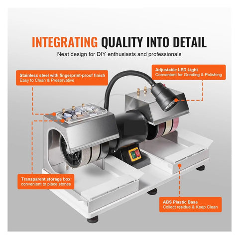 6 Inch Lapidary Rock Grinder And Polisher With Lamp And Water Pump Up To 1800 RPM, showing controls and built-in LED light