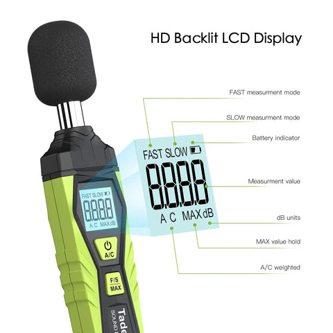 Portable Digital Sound Level Meter With LCD Backlit Display 30dB To 130dB Range, Real Time A Weighted SPL Meter For Home, Shop And Factory Use, Data Hold Function, Easy Readout, Rugged And Reliable. Green handheld meter with foam mic and LCD.