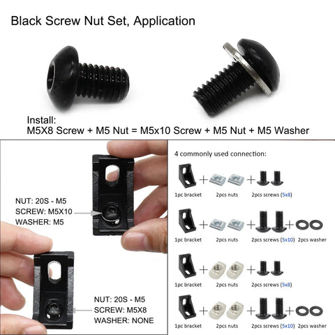 200 Piece 2020 Aluminum Extrusion Hardware Kit With M5 T Slot Nuts Bolts Screws And Slide Nuts For 20 Series And 2040 V Slot Projects Includes Wrench In An Organized Clear Case For Easy Drop In Assembly. Display of black screw nut set application for aluminum extrusion.