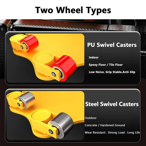 Heavy Duty Machine Mover Dolly With 360 Degree Swivel Equipment Skates features PU and Steel Swivel Casters for indoor and outdoor use.