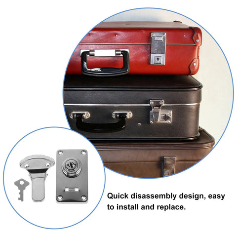 Cool Vintage Iron Luggage Locks With Dual Security For Suitcases And Toolboxes, showing disassembly and multiple suitcase colors.