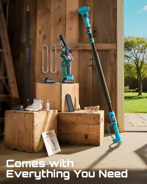 Go Higher Faster With This Slick Two In One Cordless Pole Saw That Transforms From Handheld Chainsaw To High Reach Tree Trimmer For Quick Pruning Effortless Branch Cutting And Zero Sweat Yard Work, displayed with accessories.