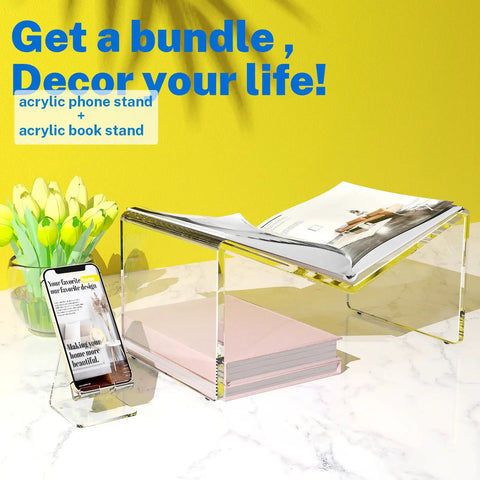 Crystal Clear Acrylic Phone Stand For Desk holding smartphone with case beside acrylic book stand on marble table