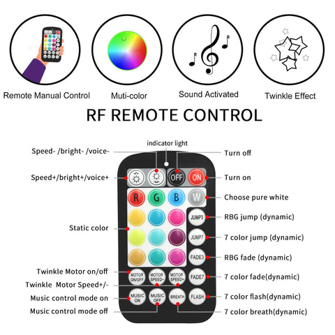 RF remote control for Twinkle 200 Pieces Starlight Headliner Kit For Cars, featuring multi-color and sound-activated options.