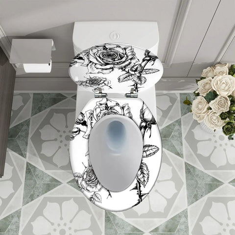 Elongated Toilet Seat Quiet Close for Bathroom with rose design on lid, fitting standard toilets.