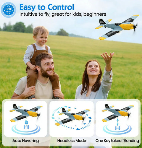 Family enjoying 3 Channel RC Plane With 6 Axis Gyro Stabilizer Dual Motors Ready To Fly BF109 Style RC Airplane, outdoors.