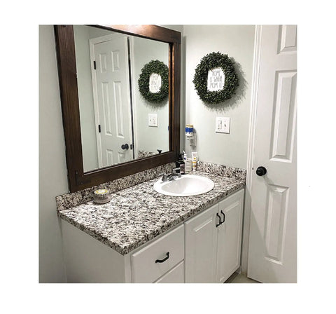 Bathroom vanity with Peel And Stick Waterproof Vinyl Countertop Backsplash Wrap 36x144 In Grey Off White Black Granite Marble Look.