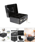 Compact Lock Box for Cash and Jewelry Storage, lockable small black safe with key, six compartment design, open view