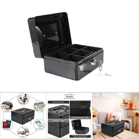 Compact Lock Box for Cash and Jewelry Storage, lockable small black safe with key, six compartment design, open view