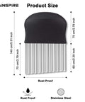 Rainspire crinkle cutter for veggies, stainless steel blades, black handle, front view