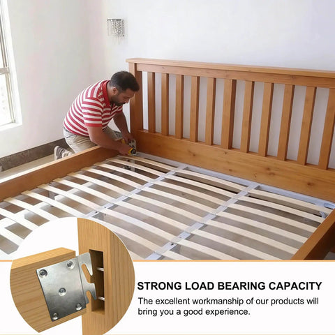 Man measuring wooden bed frame with Universal Bed Frame Brackets With Heavy Duty Zinc Coated Iron Bed Rail Hook Plates For Headboard And Footboard Four Piece Hardware Kit Includes Mounting Screws For Dead Easy No Sweat Diy Fixes.