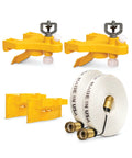 Badass Wildfire Defense Kit With Two Roof Sprinklers And Fifty Foot Hose showing yellow dual sprinkler heads and hose mounts.