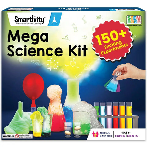 Mega 150 Science Experiment Kit For Kids box showing colorful chemistry experiments, beakers, and test tubes for ages 6-14.