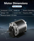 Image of One Third HP 115V 60Hz Blower Motor 1725 RPM 48 Frame with dimensions and specifications displayed.