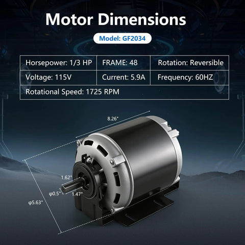 Image of One Third HP 115V 60Hz Blower Motor 1725 RPM 48 Frame with dimensions and specifications displayed.