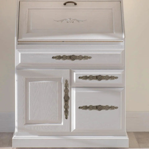 Front view of white cabinet with vintage style cabinet handles 6 pack zinc alloy drawer pulls for kitchen wardrobe dresser doors retro hardware dope vibe with timeless antique finish quality.