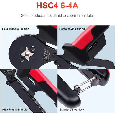 Detailed view of Mini 6-4 Ferrule Wire Terminals Kit with crimp plier showing four mandrel design and red handle.