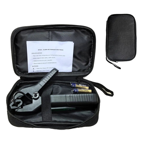 Clamp On Wireless Temperature Probe For HVAC And Refrigeration Systems Pro Grade High Accuracy Pipe Thermometer Real Time Readout Battery Powered With Backlit Display Easy Readout Range From Minus 58 Fahrenheit To 302 Fahrenheit, in carrying case