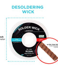 Desoldering Wick Copper Braided Solder Braid With Flux Ten Feet Long Two Point Five Millimeter Wide No Clean Rosin Flux Pro Grade Desoldering Wire For Circuit Boards And Electronics Repair, spool image with copper braid detail.