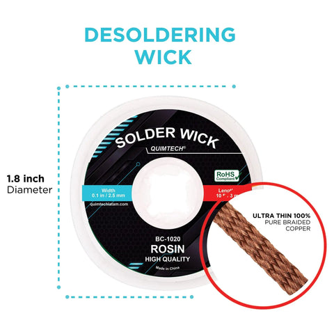 Desoldering Wick Copper Braided Solder Braid With Flux Ten Feet Long Two Point Five Millimeter Wide No Clean Rosin Flux Pro Grade Desoldering Wire For Circuit Boards And Electronics Repair, spool image with copper braid detail.