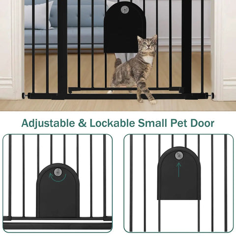 Wide Auto Close Baby Gate With Cat Door For Easy Walk Through Adjustable 29.7 To 40.6 Inches Pressure Mounted Or Hardware Mounted Durable Pet Gate For Stairs And Doorways Black with cat using pet door