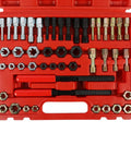 Thread Chaser Set 48 Piece Heavy Duty Pro Grade Thread Repair Tool Kit For UNC UNF And Metric Threads Including 24 Dies 22 Taps And 2 Thread Files With Detachable Cap Anti Rust Rethreading Kit shown in a red case