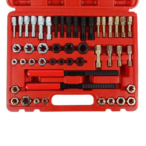 Thread Chaser Set 48 Piece Heavy Duty Pro Grade Thread Repair Tool Kit For UNC UNF And Metric Threads Including 24 Dies 22 Taps And 2 Thread Files With Detachable Cap Anti Rust Rethreading Kit shown in a red case