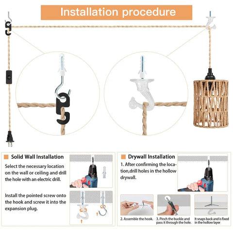 Installation guide for Amp Up Your Space With This Straight Up Badass Boho Pendant Light with swag cord and rattan shade.