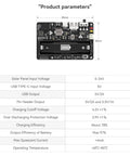 Technical diagram of MPPT Solar Charging Controller for 5 to 24V panels, USB C fast charge, dimensions and specs detailed.