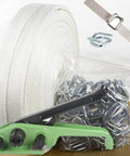 Heavy Duty Pallet Strapping Kit With Three Quarter Inch Woven Cord And Ratchet Tensioner Featuring A Sharp Blade Plus Fifty Reusable Buckles